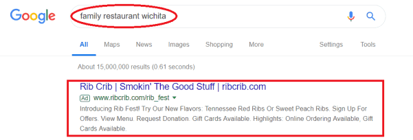 PPC Advert of a Restaurant on Google